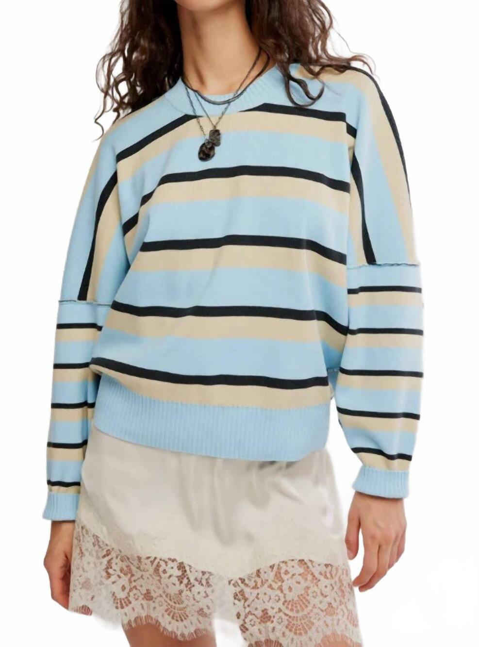 NEW FREE PEOPLE striped alma pullover sweater in ice blue combo